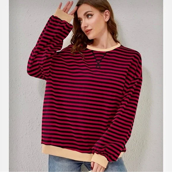 NWT Labolliy Women’s Red Striped Oversized Sweatshirt - Picture 2 of 16